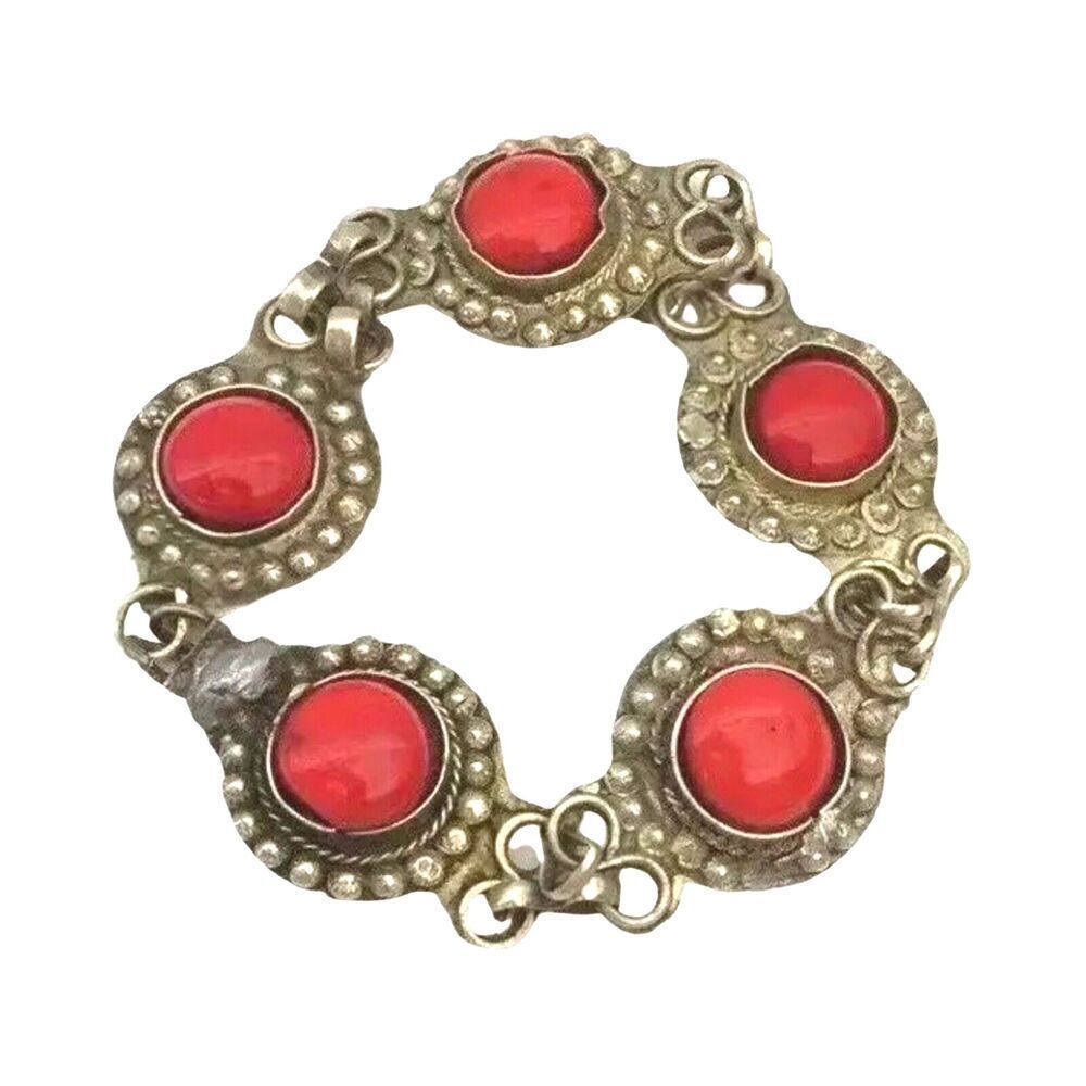 Antique Byzantine Serbian Bracelet - Handcrafted Silver with Round Red Coral